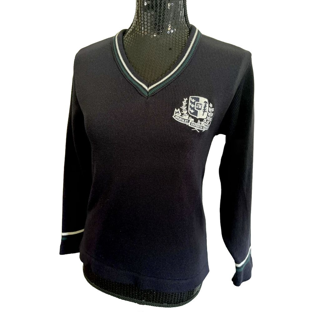 RARE 2005 Clement JM crest acrylic blue sweater white and green striped collar L